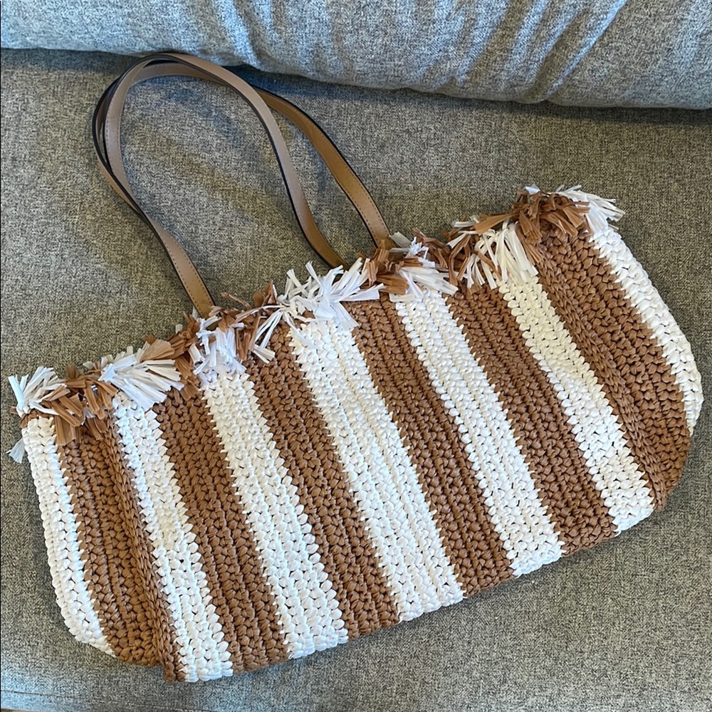 Brown and White Striped Fringe Tote